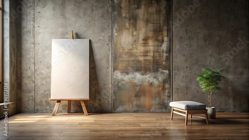 Blank Canvas on Easel in Minimalist Room with Wooden Bench and Plant