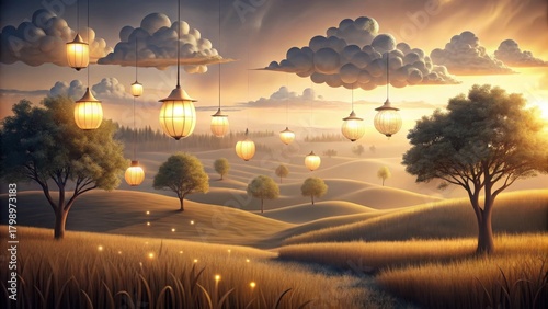 Enchanted Sunset Landscape with Floating Lanterns and Serene Rolling Hills