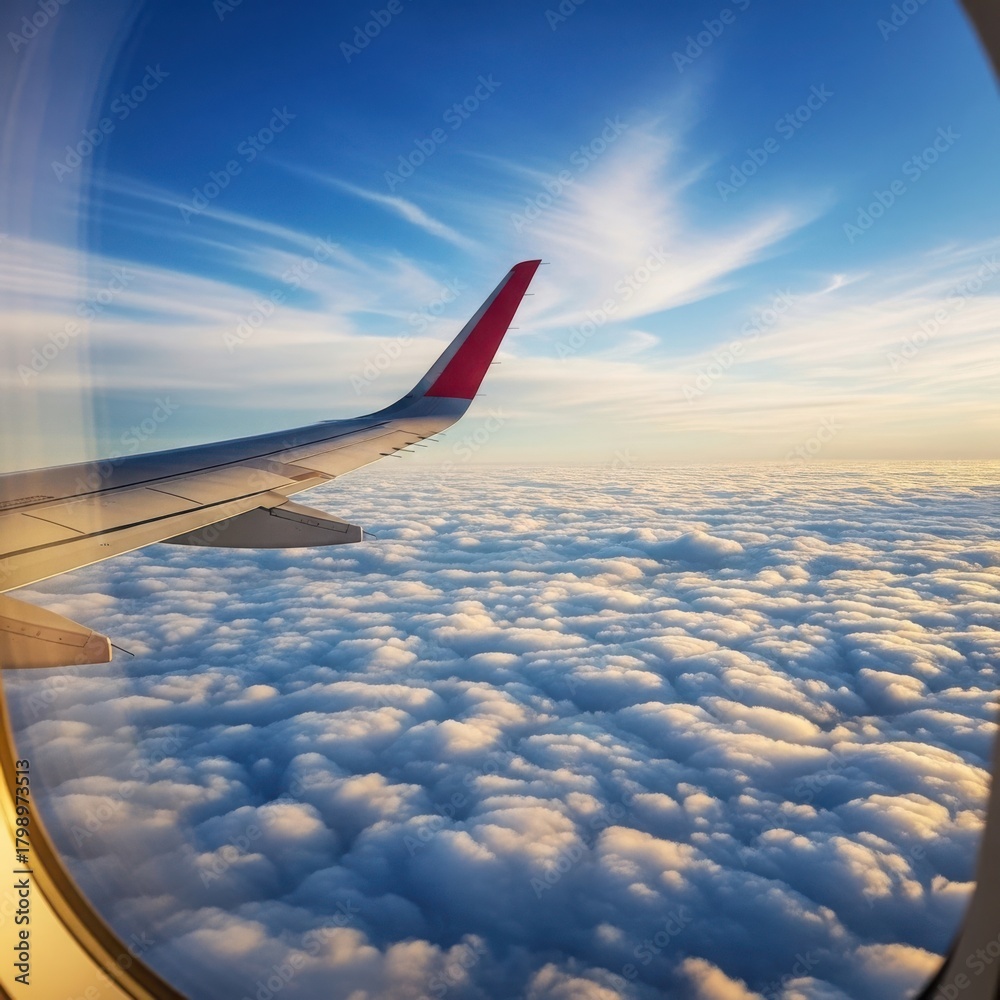 Obraz premium Airplane wing, fluffy clouds, golden hour sky, aerial plane view