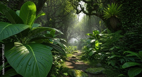 Lush green jungle path with sunlight filtering through the dense foliage, creating a serene scene