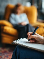 closeup of therapist hand writing notes during a counseling session with a single woman sitting on a couch in the blurred background no logos no brands ar 34