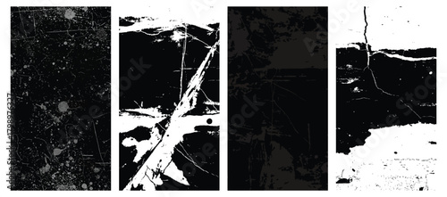 Set of four black and white grunge textures for backgrounds, posters, banners, and creative designs