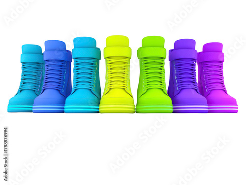 Colorful high top sneakers in blue cyan yellow green and purple arranged in row modern footwear style vibrant and playful mood isolated on transparency background