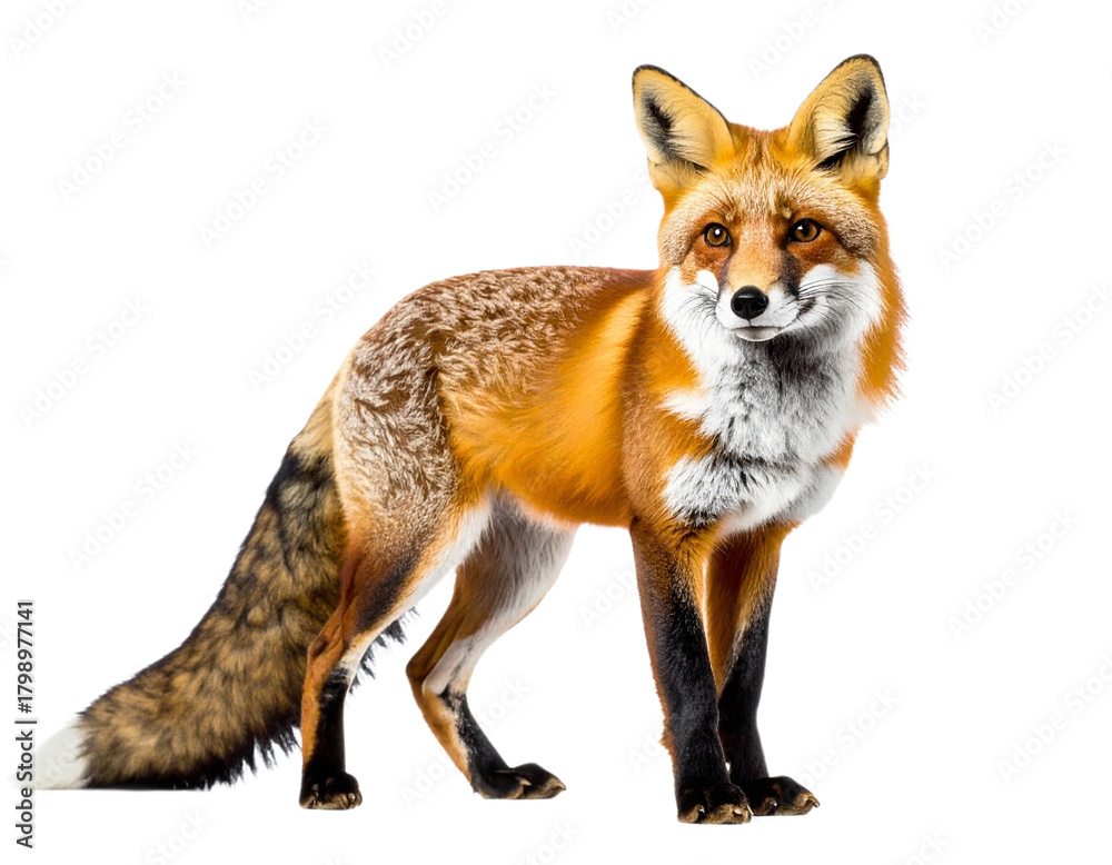 Fototapeta premium Red fox standing, isolated on white background, transparent PNG