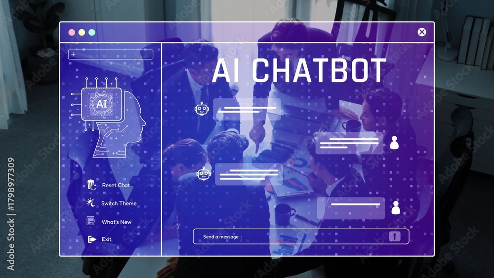 Fototapeta premium A dynamic workspace featuring an AI chatbot interface with professionals collaborating in a modern setting, highlighting technology, communication, and teamwork. Raster