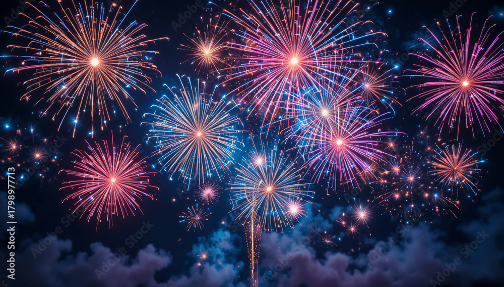 Fototapeta premium Colorful Fireworks Burst in Night Sky Celebration Background