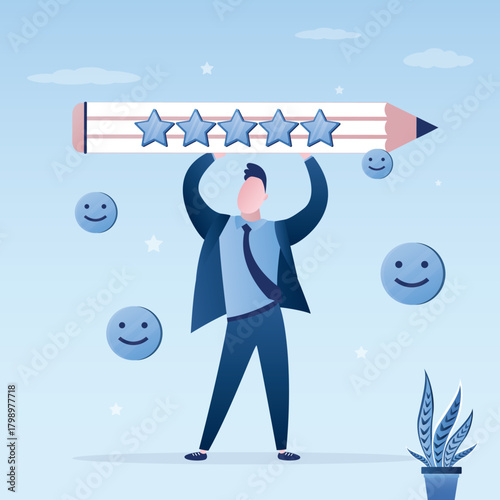 Businessman hold big pencil with five stars rating. Evaluation or satisfaction feedback, performance rating or customer review, rate service. Survey, testimonials. Positive motions