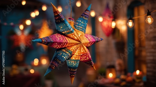 vibrant las posadas celebration decoration featuring a traditional star piñata hanging against a warm festive lights background showcasing colorful hispanic holiday decor and joyful mexican christmas © Johannes