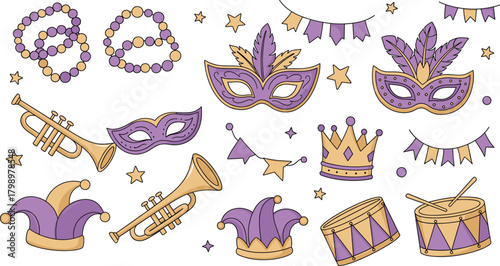 Cute Mardi Gras Icons: Hand-Drawn Carnival Masks, Beads & Festive Doodle Vector Set