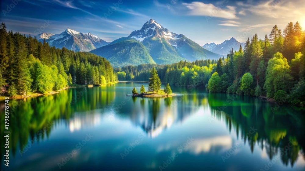 Fototapeta premium Serene Mountain Lake Reflection A Picturesque Island Amidst Lush Evergreen Forests and Majestic Snow-Capped Peaks at Sunrise