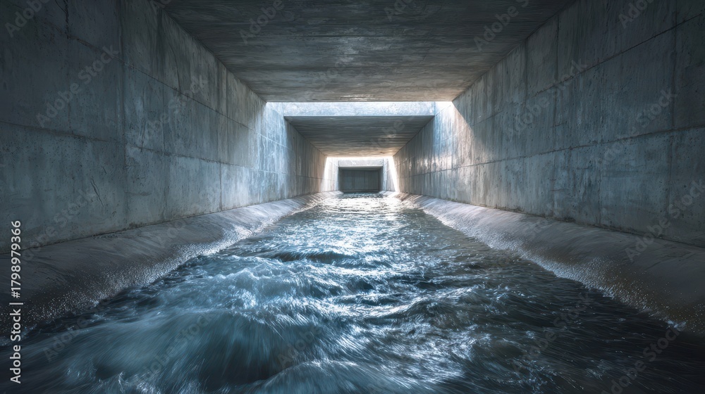 Fototapeta premium Water flowing through a large concrete drainage tunnel during daylight hours