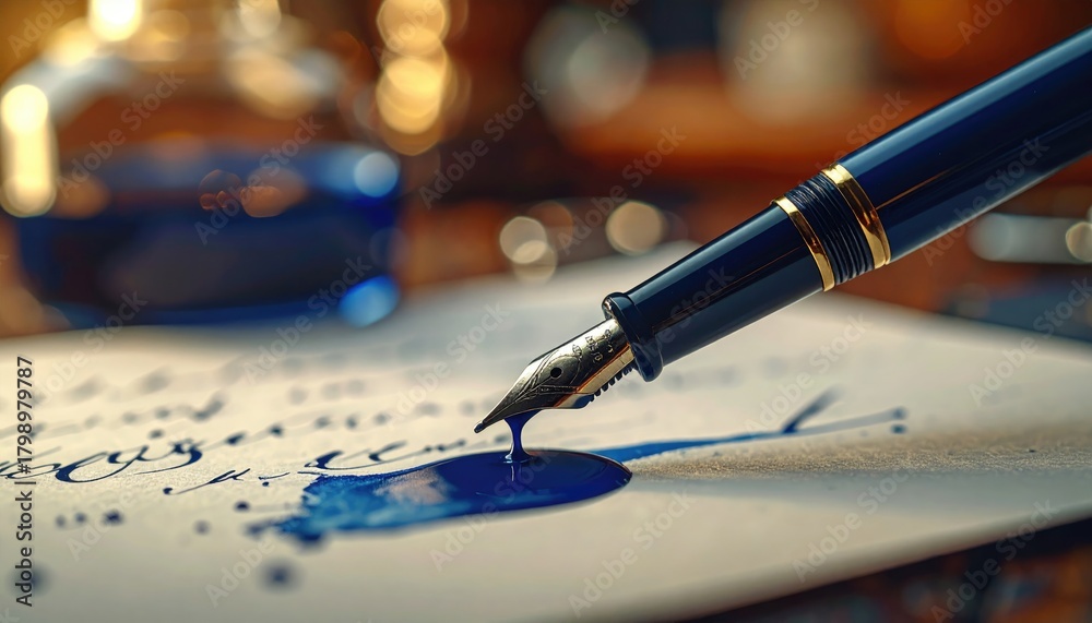 Naklejka premium Fountain pen point releasing dark blue ink on aged paper with blurred amber background