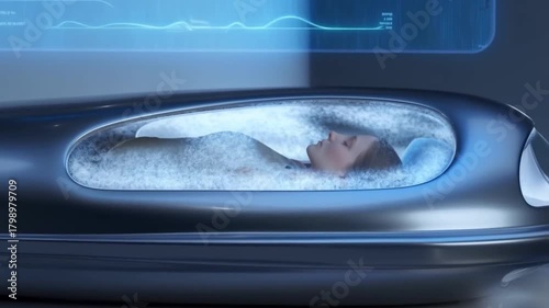 A person in cryogenic sleep inside a sleek futuristic stasis pod with frost and holographic vitals concept of long duration space travel and suspended animation
