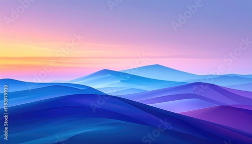 Serene abstract landscape with layered, stylized mountains in shades of blue, purple, and pink. A gradient sky completes the serene scene
