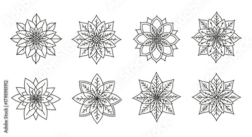 Set of eight intricate mandala designs on a white