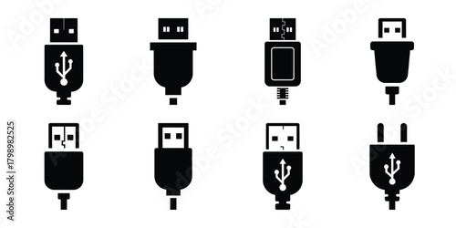 usb plug silhouette icon set. Transport symbol and Vector illustration.