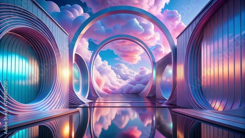 Reflective Pathways Through a Dreamlike, Circular, Metallic Portal to a Pastel Sky
