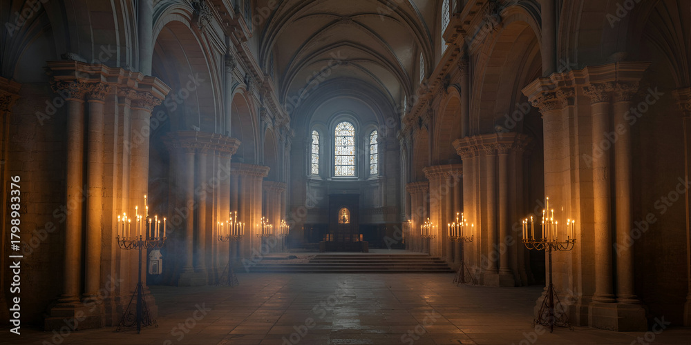 Obraz premium Candlelit gothic cathedral interior with mystical light rays