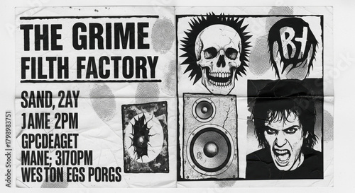 Gritty monochrome punk rock concert flyer design with skull, speaker and screaming face