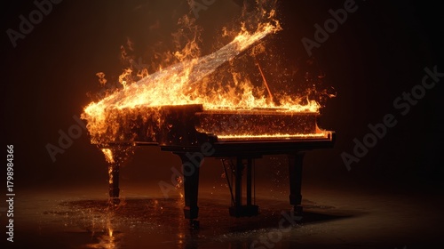 Piano engulfed in flames creates a striking visual of music and chaos in a dark setting