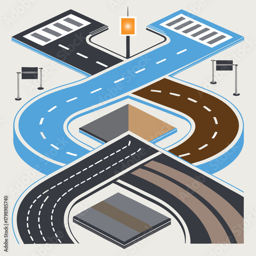 Winding asphalt highway with traffic signs leading the way to a bustling urban city center, illustrating the concept of travel and transportation