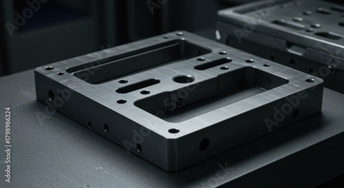 Heavy duty precision machined metal frame plate for industrial machinery components on a neutral workbench, solid, foundation, slot