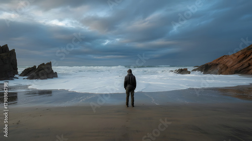 Fototapeta Naklejka Na Ścianę i Meble -  Man standing on a beach looking at the stormy ocean waves