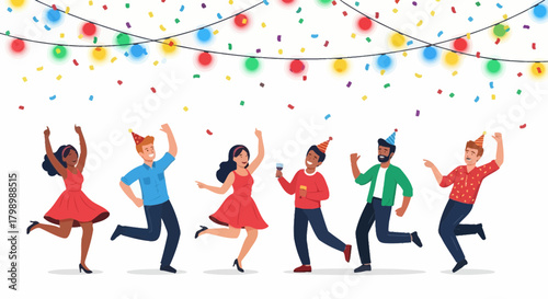 Diverse group of happy people celebrating and dancing under colorful string lights and falling confetti