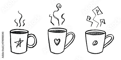 Set of cup of tea or coffee with rising steam Simple mug clipart Cozy home doodle Single element for print, web, design, decor