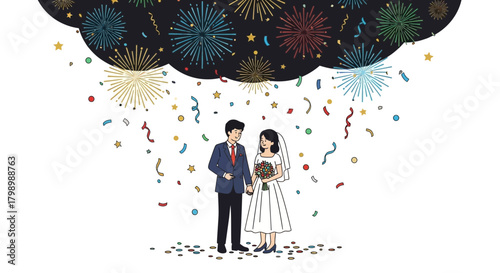 Joyful bride and groom holding hands under a cloud of colorful fireworks and falling confetti celebrating their wedding day