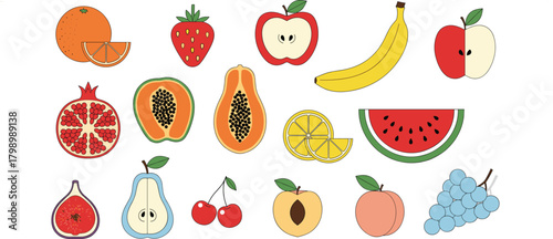 Set of Various Isolated Fresh Fruits Vector Illustration, Including Orange, Banana, Apple, Watermelon, and Exotic Fruits with Outline Style for Design Elements.