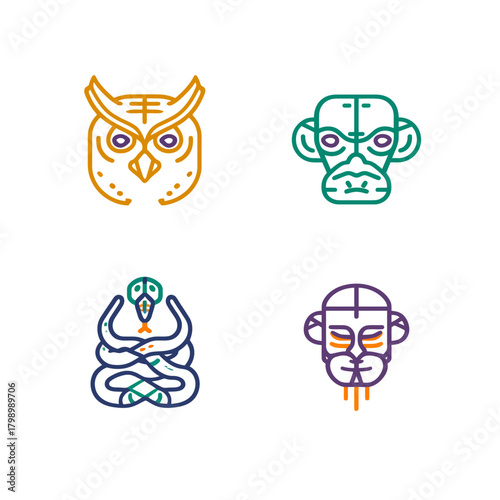 Geometric animal icons set owl ape snake and tribal mask design elements