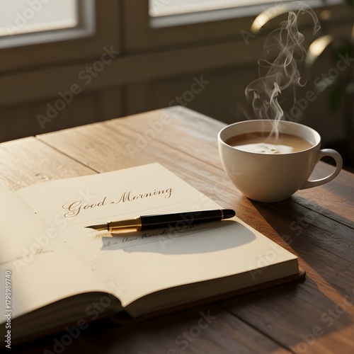 Sunlit wooden desk with an open notebook, handwritten “Good Morning,” pen placed neatly, and a warm cup of tea glowing in soft diagonal morning light.
