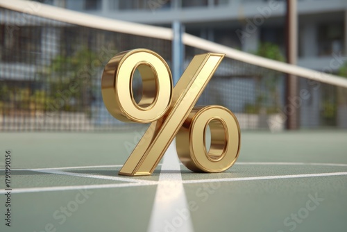 Shiny golden percent symbol placed on textured sports court surface. Concept of finance, discount, sport marketing and modern design.