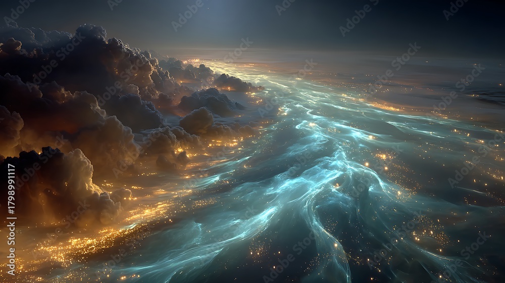 Fototapeta premium Glowing cosmic clouds above shining galaxy waves high resolution picture