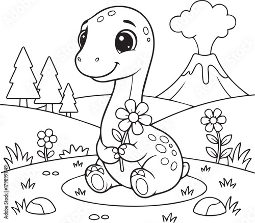 Cute Dragon Holding A Rose While Sitting Calmly In A Forest Scene line art one line art