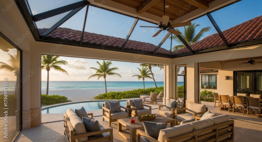 Obraz premium A luxurious outdoor patio with a glass roof overlooking the ocean and palm trees.