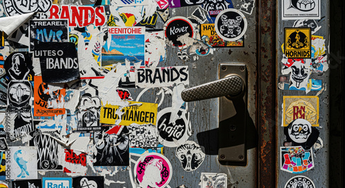 Urban grunge texture with worn stickers on a metal door and rusty handle