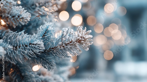 christmas white decoration and spruce tree close up bokeh lights background merry christmas and happy holidays greeting card frame banner new year noel winter festive xmas theme