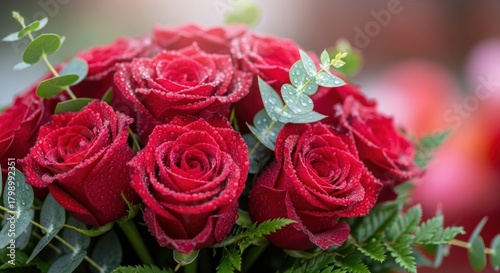 A beautiful bouquet of red roses with water droplets on their petals, surrounded by greenery and a blurred background.