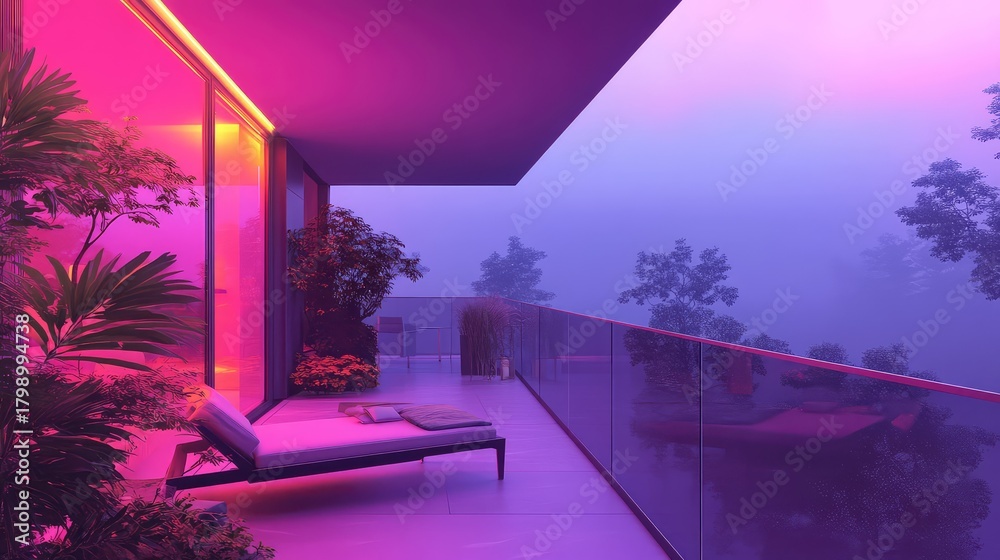 Obraz premium Modern balcony offering tranquil fog filled landscape view