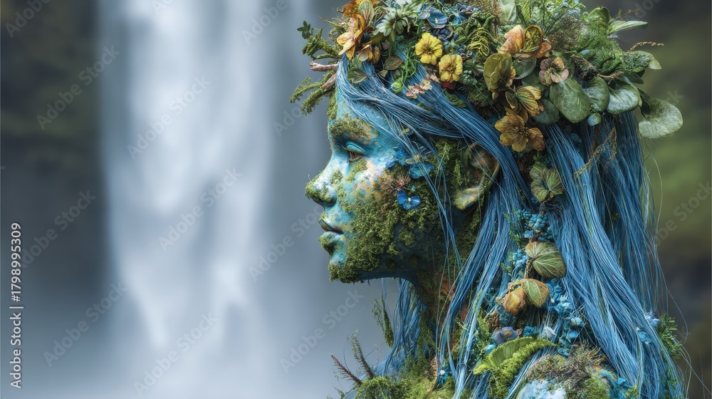 Fototapeta premium surreal portrait of mother earth figure adorned with flowers green plants blue hair flows like water backdrop features misty waterfall vibrant ecosystem nature life global environmental