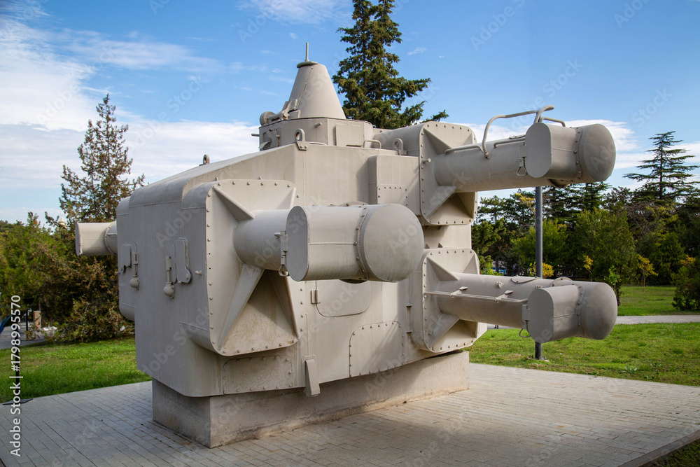 Naklejka premium The hull of a warship's command and range station on a clear sunny day. Military equipment of the Second World War.
