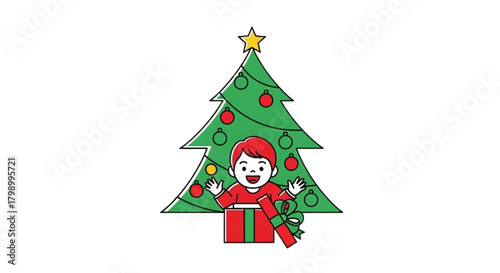 Happy child celebrating Christmas with tree and gift box  