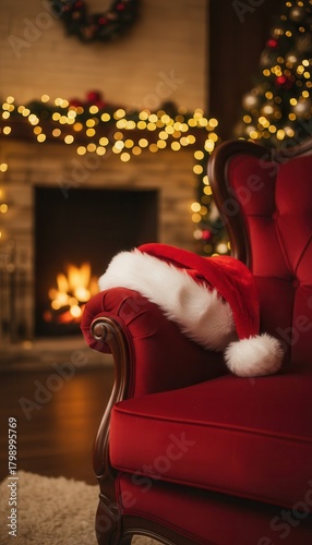 Santa hat on red armchair by cozy fireplace
