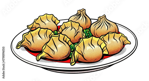 Dumplings served on a plate with green garnish and sauce  