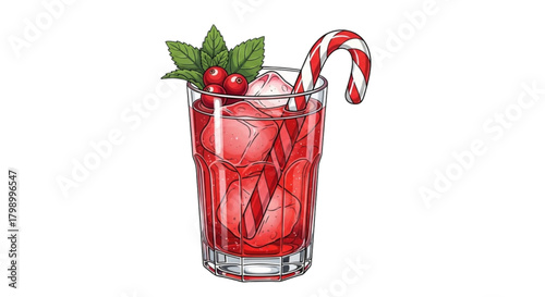 Red drink with ice and mint leaves in a glass with candy cane  