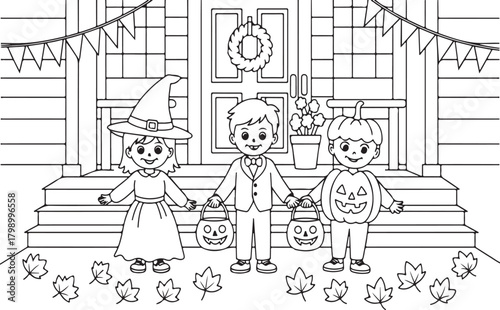 Three children trick or treating at front door