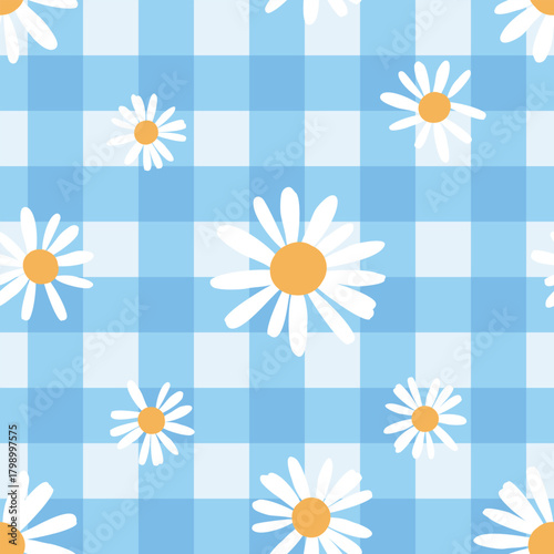Adobe IllustraDaisy gingham seamless pattern vector, white chamomile flowers on blue checkered background, cute spring picnic illustration for fabric, tablecloth and wrapping.tor Artwork