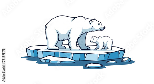Polar bear and cub standing on ice floe in Arctic environment  